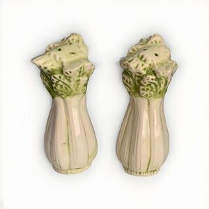 Vintage Celery Salt & Pepper Shakers Green White Made 1960s MCM Mid Century